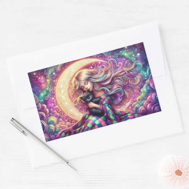 Adesivo Retangular Moon Crescente Dormindo Com Gato Negro (Envelope)