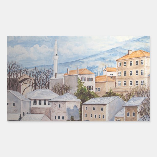 Adesivo Retangular Mostar, Bósnia - Pintura de paisagem acrílica (Frente)