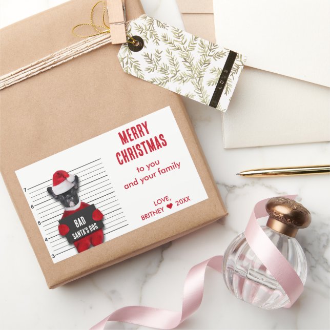 Adesivo Retangular Mugshot Bad Papai noel Dog Engraçado Natal (Presentear)