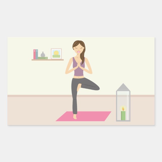 Adesivo Retangular Mulher Bonita Fazendo Yoga em uma Sala Decorada (Frente)
