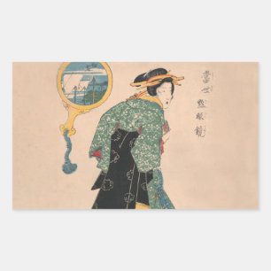 Adesivo Retangular Mulher de Quimono Japonês Antigo Ukiyo-e Xilogravu