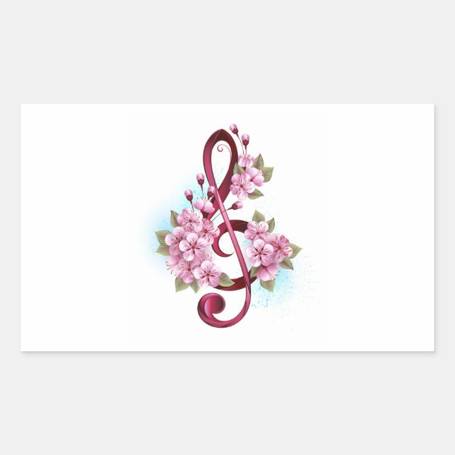 Adesivo Retangular Musical treble clef notes with Sakura flowers (Frente)