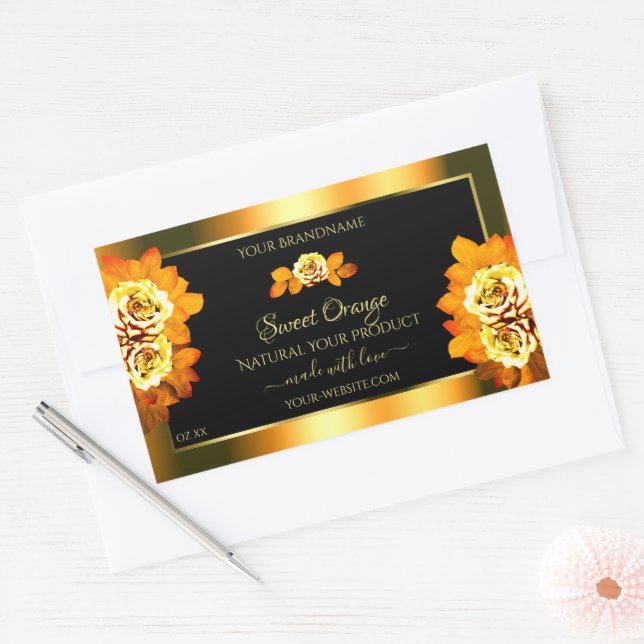 Adesivo Retangular Na moda Black Orange Product Labels Blooming Rosas (Envelope)