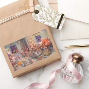 Adesivo Retangular Natais vintages, Papai Noel com o Workshop Elves