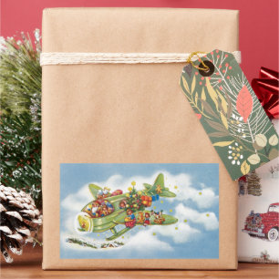 Adesivo Retangular Natais vintages, Papai Noel Voando um Avião