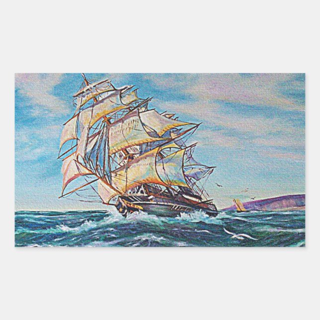 Adesivo Retangular Navio de vela na pintura de óleo em águas grossas (Frente)