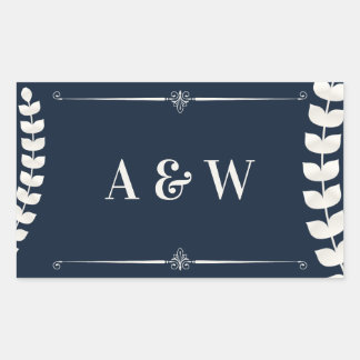 Adesivo Retangular Navy Blue and Ivory Elegant Laurel Monogram Weddin