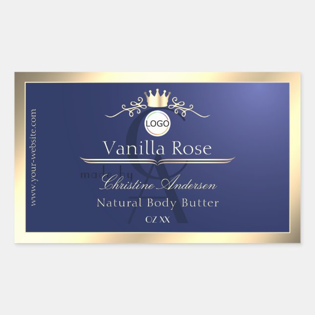 Adesivo Retangular Navy Blue Product Label Gold Frame Logo Monogram (Frente)
