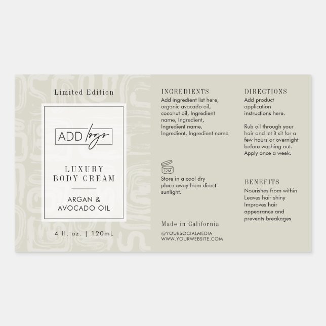 Adesivo Retangular Neutral Beige Boho Pattern Logo 4OZ Cosmo Bottle (Frente)