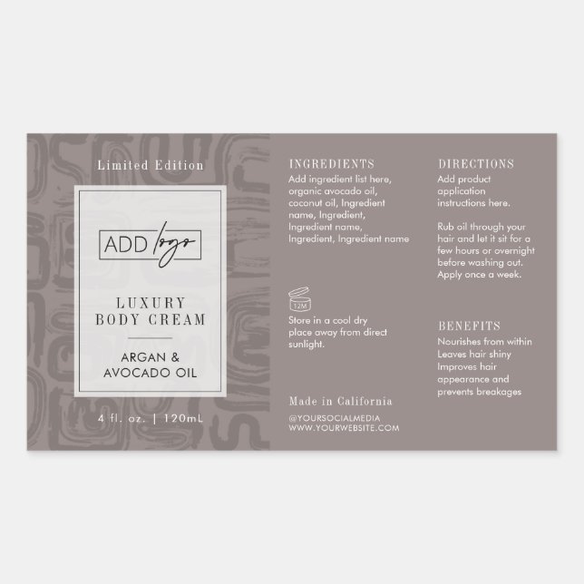 Adesivo Retangular Neutral Taupe Beige Boho Logo 4OZ Cosmetic Bottle (Frente)