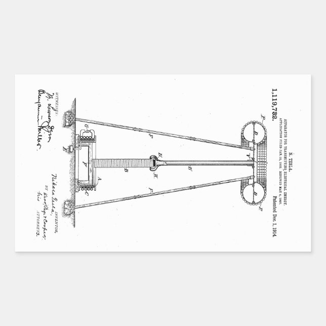 Adesivo Retangular Nikola Tesla Energy Transmission Pantent US1119732 (Frente)