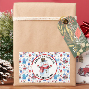 Adesivo Retangular Nome, Feliz Natal, Retro Snowman Padrão