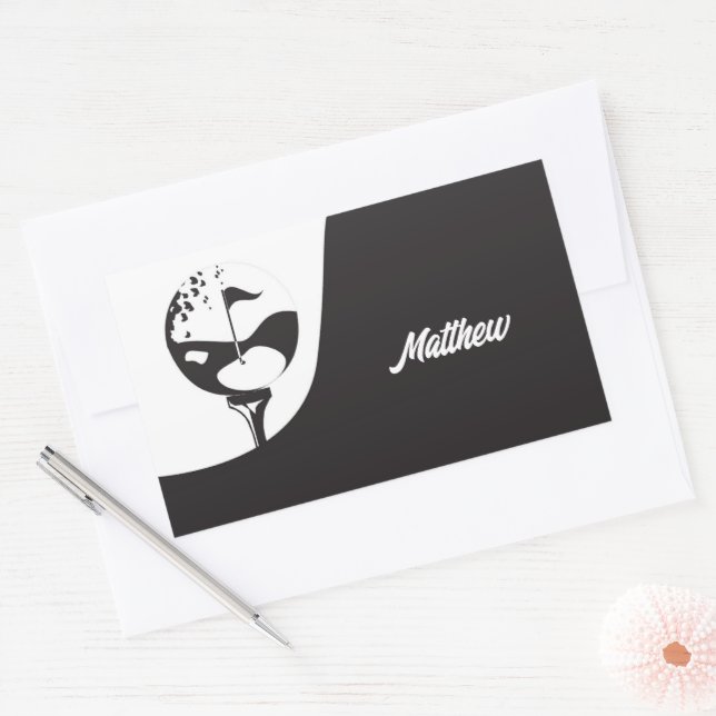 Adesivo Retangular Nome Personalizado Olá, Golfe Negro e Branco (Envelope)