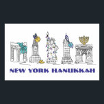 Adesivo Retangular Nova Iorque NYC Happy Hanukkah Chanukah Holiday<br><div class="desc">Apresenta uma ilustração original de caneta e tinta de vários pontos de referência "vestidos" para a temporada de férias. Perfeito para Hanukkah! Esta ilustração Chanukah também está disponível em outros produtos. Não vê o que está procurando? Precisa de ajuda para a personalização? Entre em contato com Rebecca para ter algo...</div>