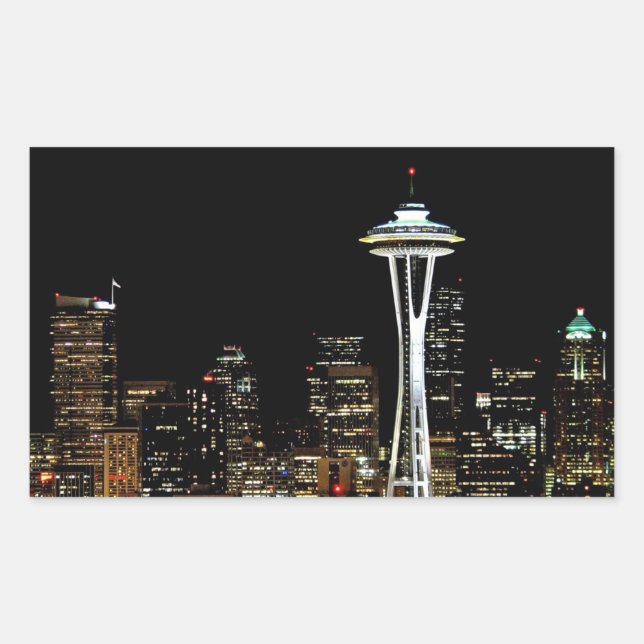 Adesivo Retangular O horizonte de Seattle à noite, com Agulha Espacia (Frente)