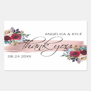 Adesivo Retangular Obrigado casamento Dourado cor-de-rosa floral de