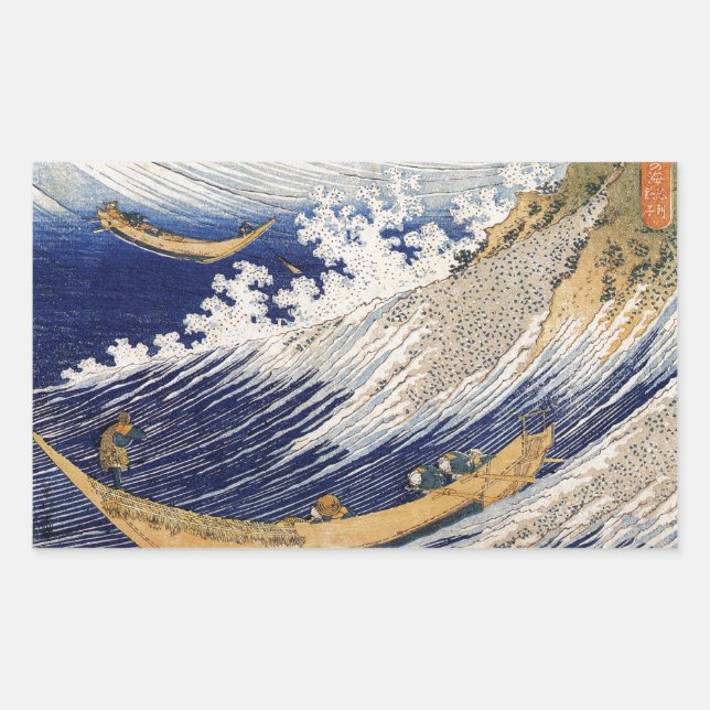 Adesivo Retangular Ondas do Oceano de Hokusai Barcos no Mar (Frente)