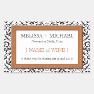 Adesivo Retangular Orange Stitched Damask Wedding Wine Labels
