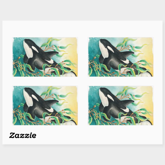 Adesivo Retangular Orca Whale em Kelp Watercolor Art (Folha)