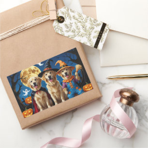 Adesivo Retangular Ouro Retriever Cães Abóbora Pumpkin Halloween Engr