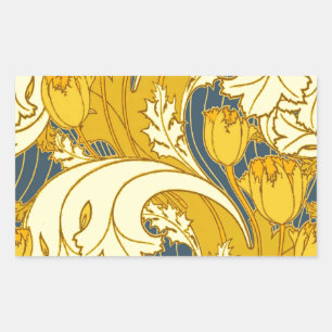 Adesivo Retangular Padrão Dourado da Tulipa Azul da Vintage