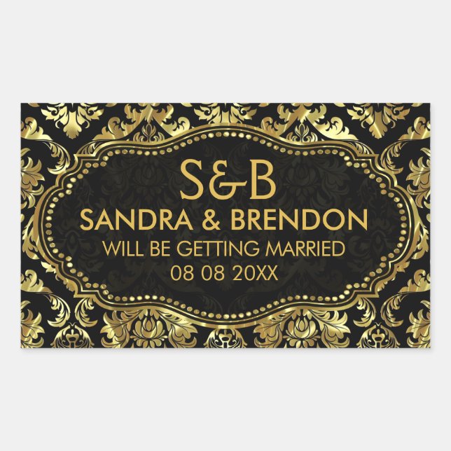 Adesivo Retangular Padrão Dourado E Preto De Damascos Florais (Frente)