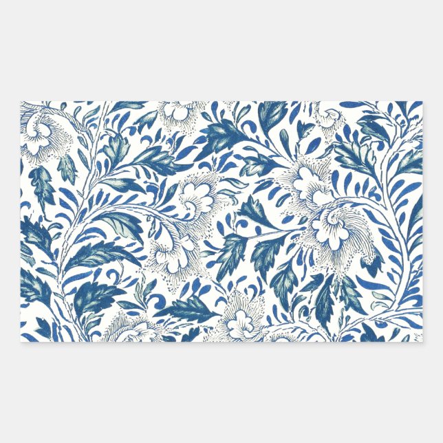 Adesivo Retangular Padrão Floral Azul Design Asiático Antiquado (Frente)