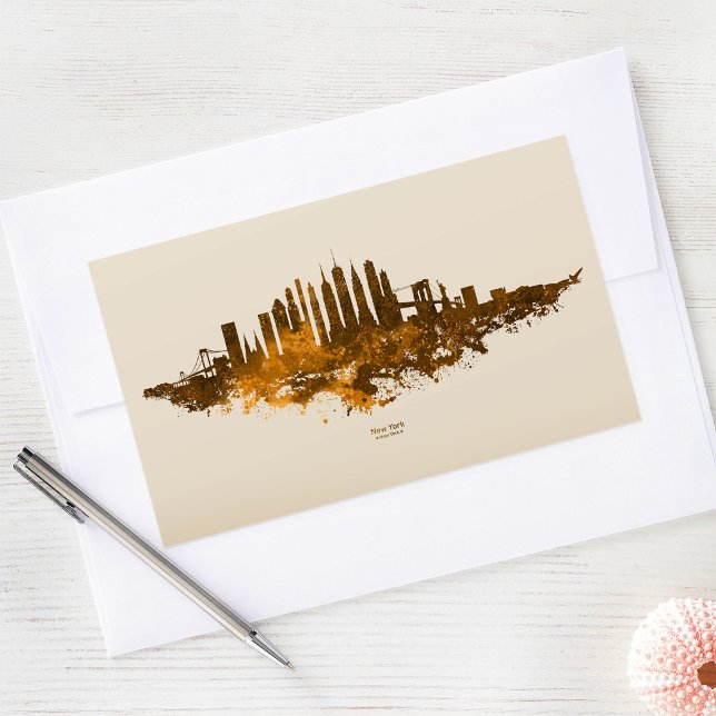 Adesivo Retangular Paisagem da Cidade de Nova York em aquarela laranj (New York City Skyline Watercolor in orange. Rectangular Sticker)