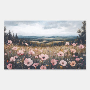 Adesivo Retangular Paisagem de Flores Selvagens Cor-de-Rosa Esbranqui