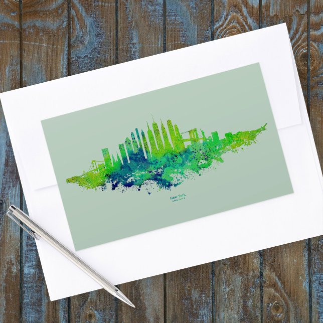 Adesivo Retangular Paisagem urbana da Cidade de Nova York em aquarela (New York City Skyline Watercolor in blue and lime. Rectangular Sticker)