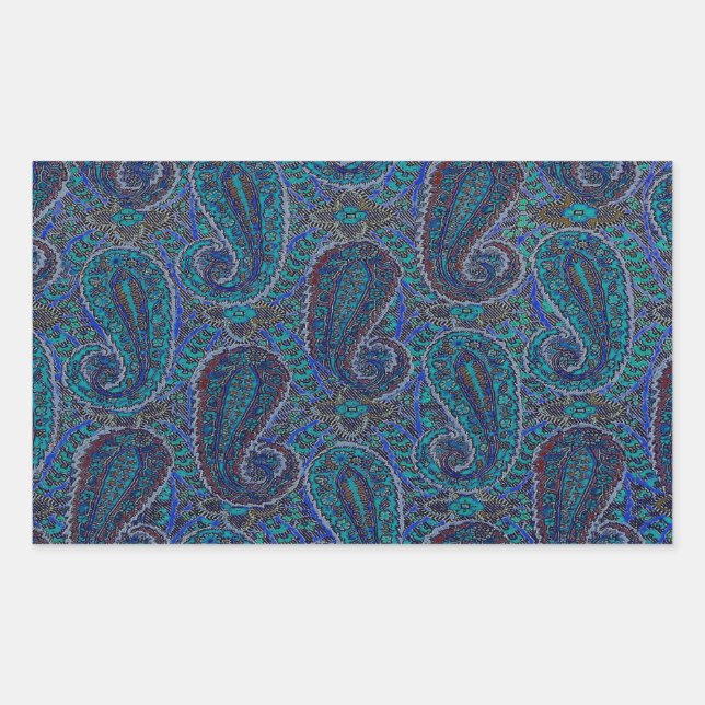 Adesivo Retangular Paisley Blue Indian Boho Art Pattern (Frente)