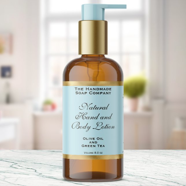 Adesivo Retangular Pale Blue & Gold Foil Cosmetics Bottle Label (Criador carregado)