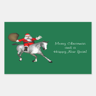 Adesivo Retangular Papai Noel Cavalgando Um Cavalo De Cinza