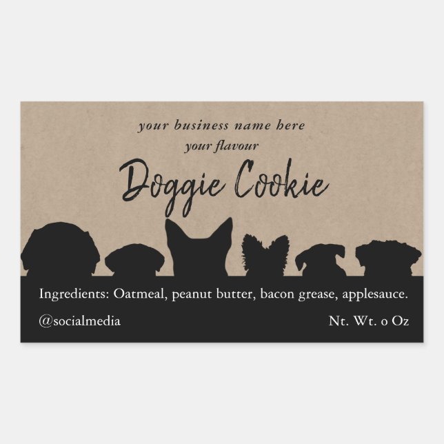 Adesivo Retangular papel kraft castanho, silhuetas-de-cão, biscoito-d (Frente)