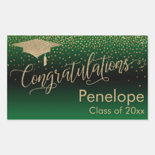 Adesivo Retangular Parabéns Dourado Verde de Graduação de Confetti