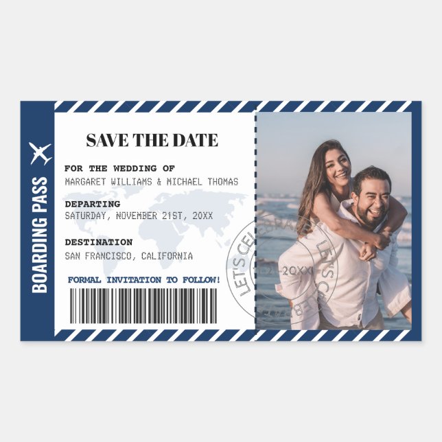 Adesivo Retangular Passagem de Embarque Save The Date Mapa Mundial Bi (Frente)