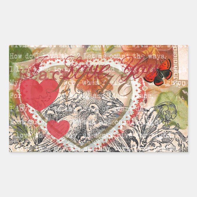 Adesivo Retangular Pássaros do Amor Coração Vermelho Colagem de Arte (Frente)