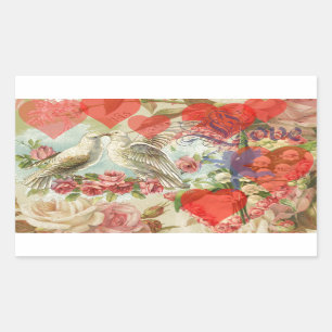Adesivo Retangular Pássaros do Amor Vintage Coração Antiquado