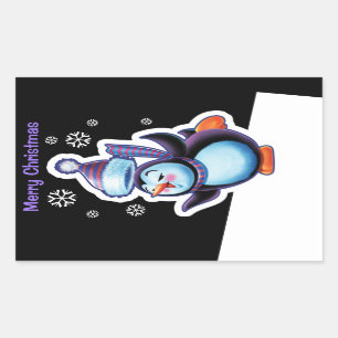 Adesivo Retangular Patinador Penguin de retângulo noturno de Natal.