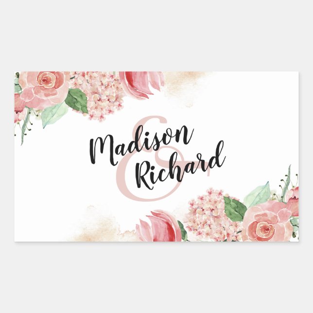 Adesivo Retangular Peach Watercolor Borda Floral Monograma de Casamen (Frente)