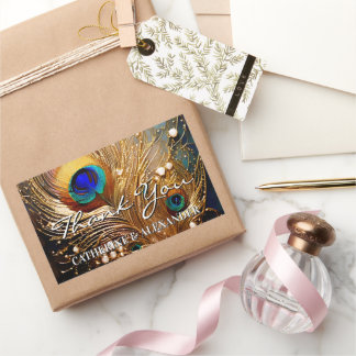 Adesivo Retangular Peacock thank you wedding feathers plumage