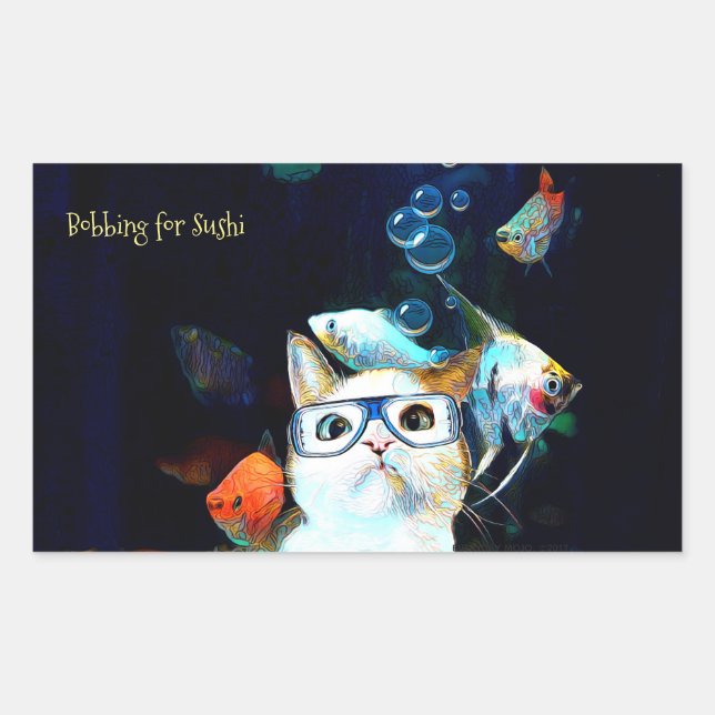 Adesivo Retangular Peixe Gato Sushi Humor Engraçado Vinheta (Frente)