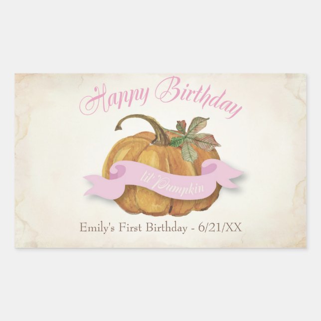 Adesivo Retangular Pequeno Pumpkin Birthday Water Label - Rapariga (Frente)