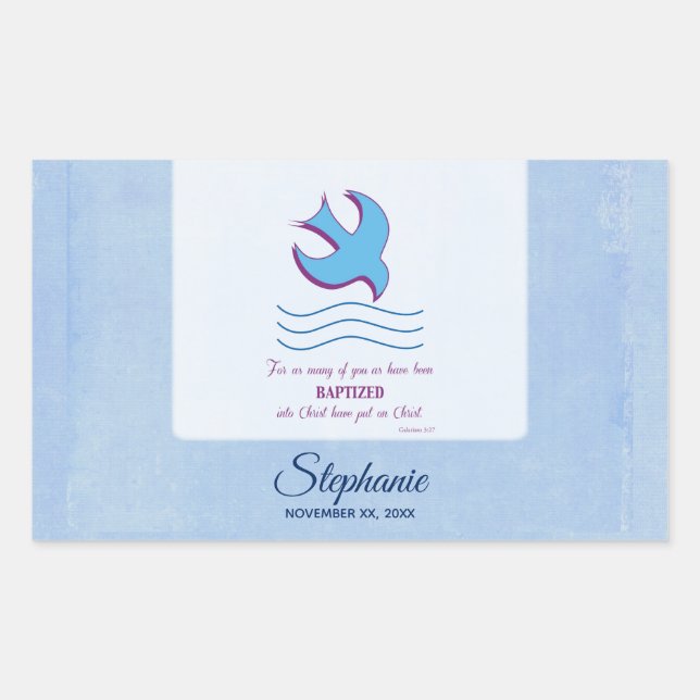 Adesivo Retangular Personalize, pomba do batismo adulto em azul (Frente)
