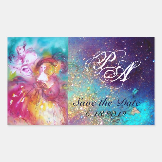 Adesivo Retangular PIERROT E ARLECCHINA Venetian Carnaval,Monograma (Frente)