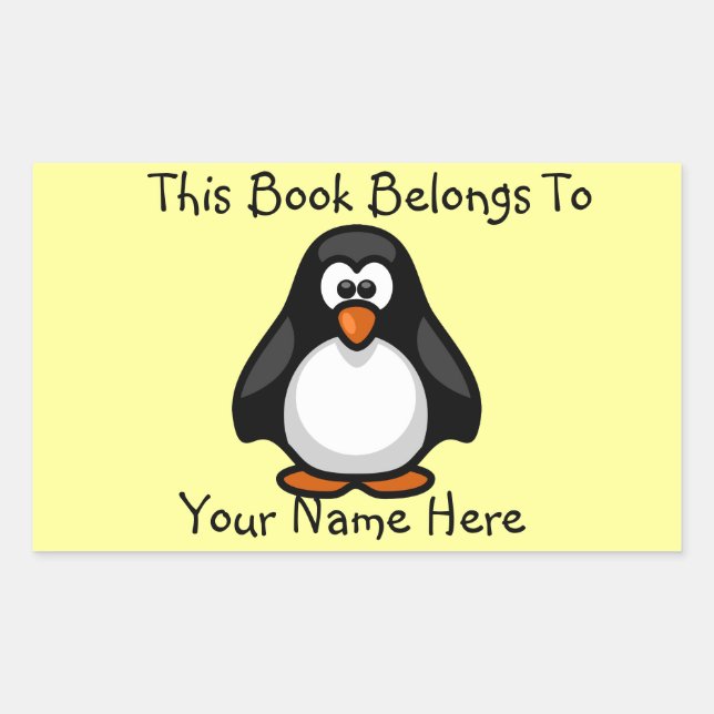 Adesivo Retangular Pinguim Fofo em Placa de Nome de Livro Amarelo (Frente)