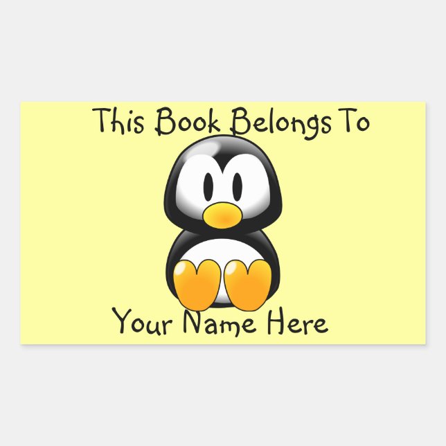 Adesivo Retangular Pinguim Fofo em Placa de Nome de Livro Amarelo (Frente)