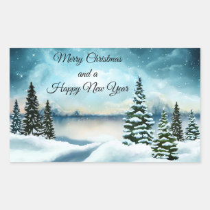 Adesivo Retangular Pinhas cobertas de neve perto de um lago
