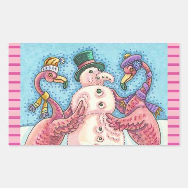 ADESIVO RETANGULAR PINK FLAMINGOS CONSTRUINDO SNOWMAN CHRISTMAS STICK (Frente)