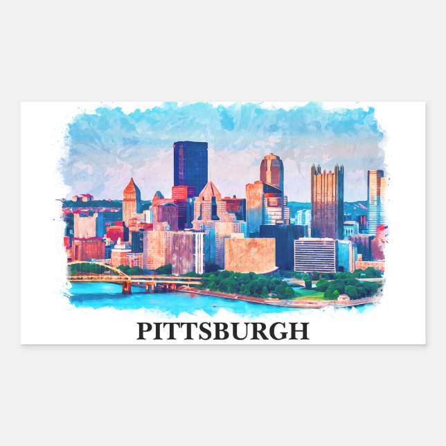 Adesivo Retangular Pintura de Aquarela em Pittsburgh Cityscape (Frente)
